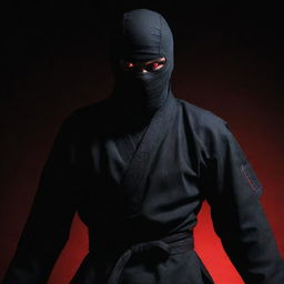 A stealthy ninja wearing a traditional karate uniform, complete with striking, devilish red eyes glowing ominously in the shadows.