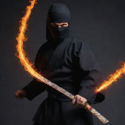 A stealthy ninja adorned in a karate uniform, his intense, devilish eyes glowing like fire. In place of a traditional weapon, he wields a brilliant, blazing fire sword.