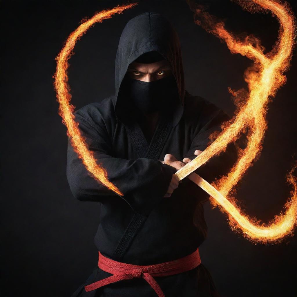 A stealthy ninja adorned in a karate uniform, his intense, devilish eyes glowing like fire. In place of a traditional weapon, he wields a brilliant, blazing fire sword.