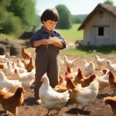 In the movie about farm life, the protagonist is shown feeding the chickens with scratch.