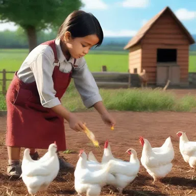 In the movie about farm life, the protagonist is shown feeding the chickens with scratch.