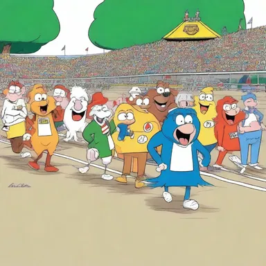 In the cartoon, the characters lined up at the scratch for the annual race.