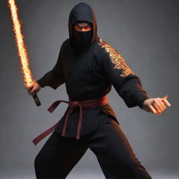 A stealthy ninja adorned in a karate uniform, his intense, devilish eyes glowing like fire. In place of a traditional weapon, he wields a brilliant, blazing fire sword.