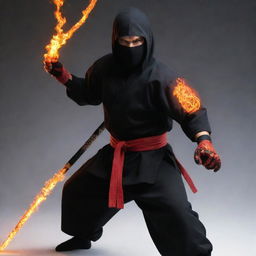 A stealthy ninja adorned in a karate uniform, his intense, devilish eyes glowing like fire. In place of a traditional weapon, he wields a brilliant, blazing fire sword.