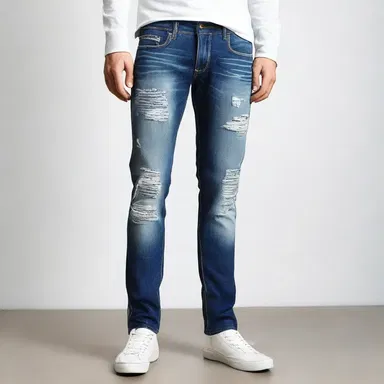 The designer added a stylish scratch pattern to the jeans for a distressed look.