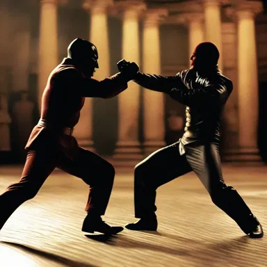 In the intense action scene, the hero fights off the villain and manages to scratch his face with a well-placed strike.