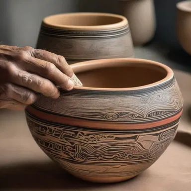 The artist used various tools to scratch intricate designs onto the pottery.