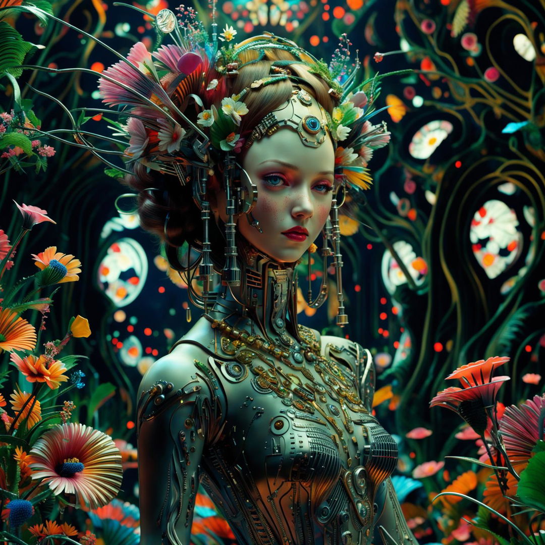 Hyper-realistic 3D photography of a rococo-inspired cyberpunk robotic woman with a mechanical amulet in a vibrant, mechanical flower-filled forest. She embodies an eerie, futuristic elegance with her intricate metallic body and neon-lit attire.