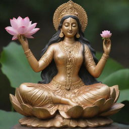 A detailed statue of Saraswati Tagore, gracefully seated on a beautiful, blooming lotus flower.