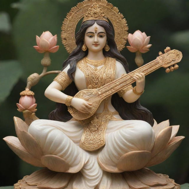 A detailed statue of Saraswati Tagore, gracefully seated on a beautiful, blooming lotus flower.