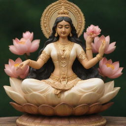 A detailed statue of Saraswati Tagore, gracefully seated on a beautiful, blooming lotus flower.