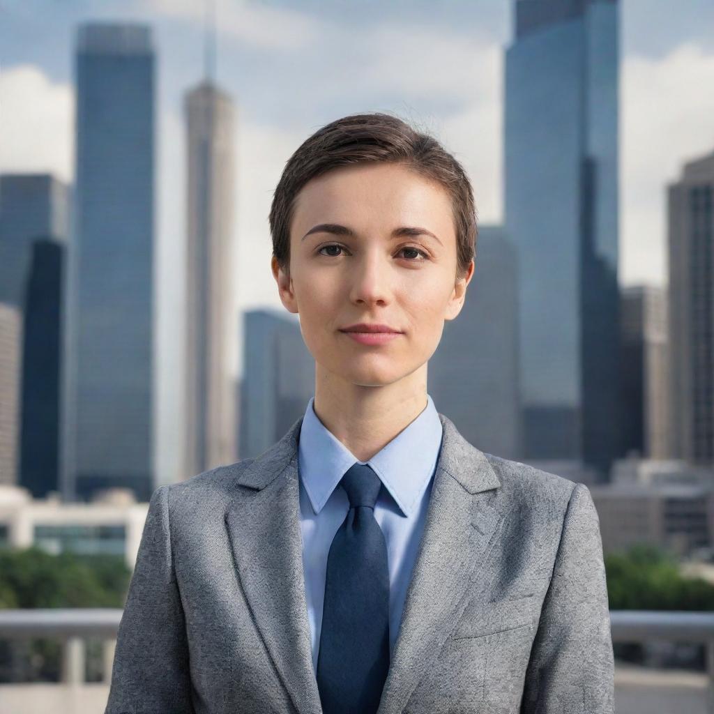 Generate a professional-themed self-portrait of the user in a business attire, standing confidently against a cityscape background.