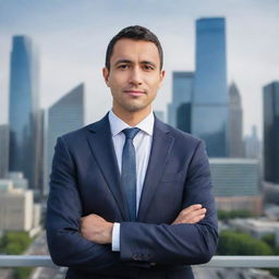 Generate a professional-themed self-portrait of the user in a business attire, standing confidently against a cityscape background.