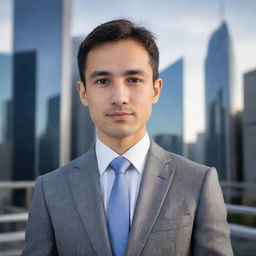 Generate a professional-themed self-portrait of the user in a business attire, standing confidently against a cityscape background.