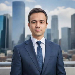 Generate a professional-themed self-portrait of the user in a business attire, standing confidently against a cityscape background.