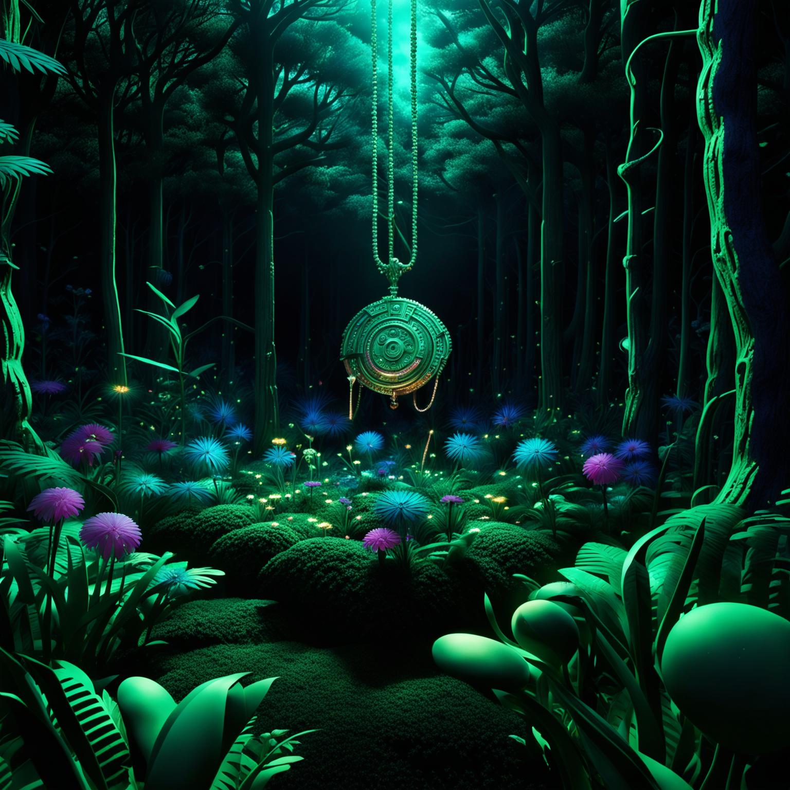 A hyper-realistic 3D photograph set in a vibrant neon forest featuring an eerie rococo-style mechanical amulet suspended in mid-air, reflecting the surrounding colours and blending seamlessly into the environment.
