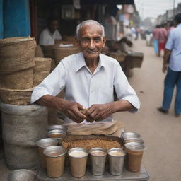 An elderly man selling chai on a bustling street, focused on preparing the traditional Indian tea in his small roadside stall.