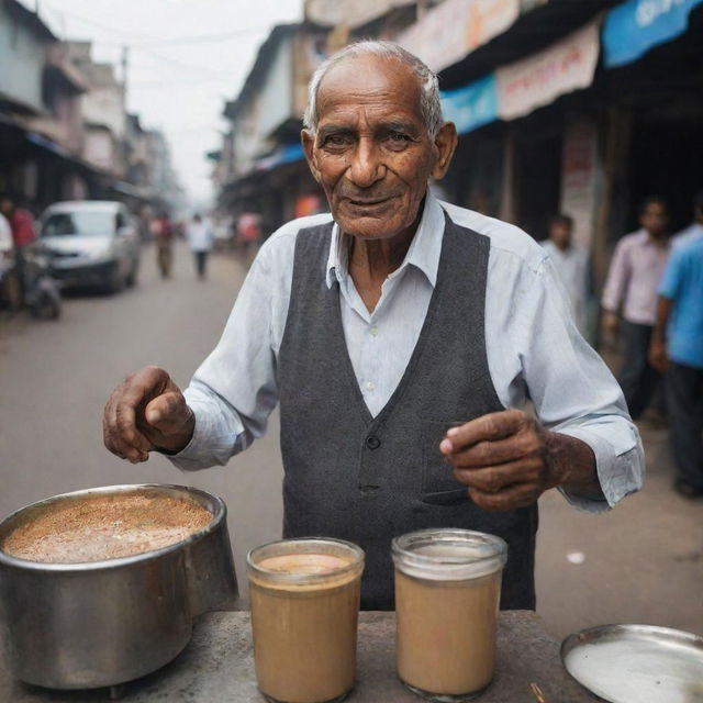 An elderly man selling chai on a bustling street, focused on preparing the traditional Indian tea in his small roadside stall.