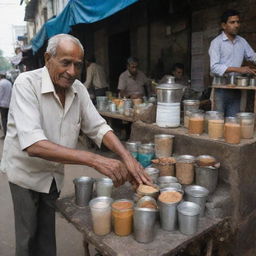 An elderly man selling chai on a bustling street, focused on preparing the traditional Indian tea in his small roadside stall.