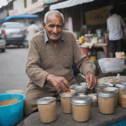 An elderly man selling chai on a bustling street, focused on preparing the traditional Indian tea in his small roadside stall.