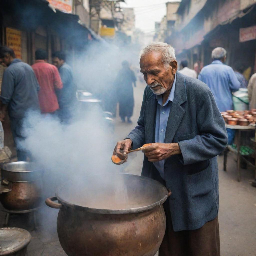 The elderly man on the bustling street now surrounded by steaming pots of chai, the smell of spiced tea mixing with the city air as people queue for his famous brew.