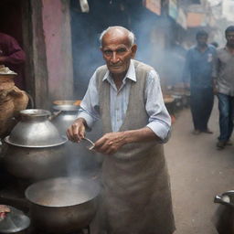 The elderly man on the bustling street now surrounded by steaming pots of chai, the smell of spiced tea mixing with the city air as people queue for his famous brew.