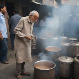 The elderly man on the bustling street now surrounded by steaming pots of chai, the smell of spiced tea mixing with the city air as people queue for his famous brew.