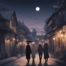 This digital art image, drawn in the style of the anime series Jujutsu Kaisen, depicts a night scene in a quaint European town under a starless sky