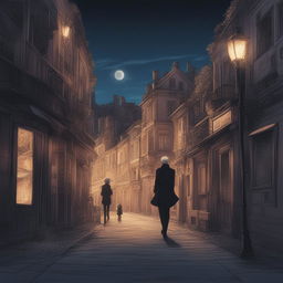 This digital art image, drawn in the style of the anime series Jujutsu Kaisen, depicts a night scene in a quaint European town under a starless sky