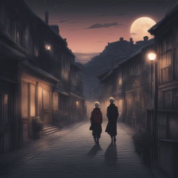 This digital art image, drawn in the style of the anime series Jujutsu Kaisen, depicts a night scene in a quaint European town under a starless sky