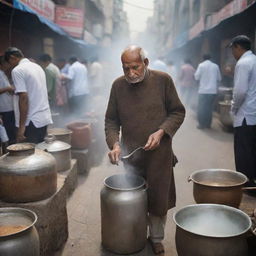 The elderly man on the bustling street now surrounded by steaming pots of chai, the smell of spiced tea mixing with the city air as people queue for his famous brew.