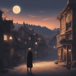 This digital art image, drawn in the style of the anime series Jujutsu Kaisen, depicts a night scene in a quaint European town under a starless sky