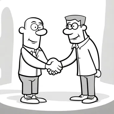 In the cartoon, the characters shake hands after solving a problem together.