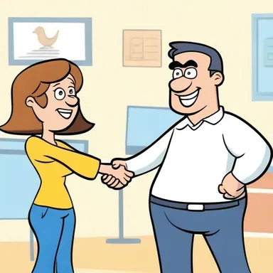 In the cartoon, the characters shake hands after solving a problem together.