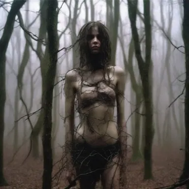 As she frantically searched for an escape, she realized that her underclothing had become tangled in the branches of the haunted forest.