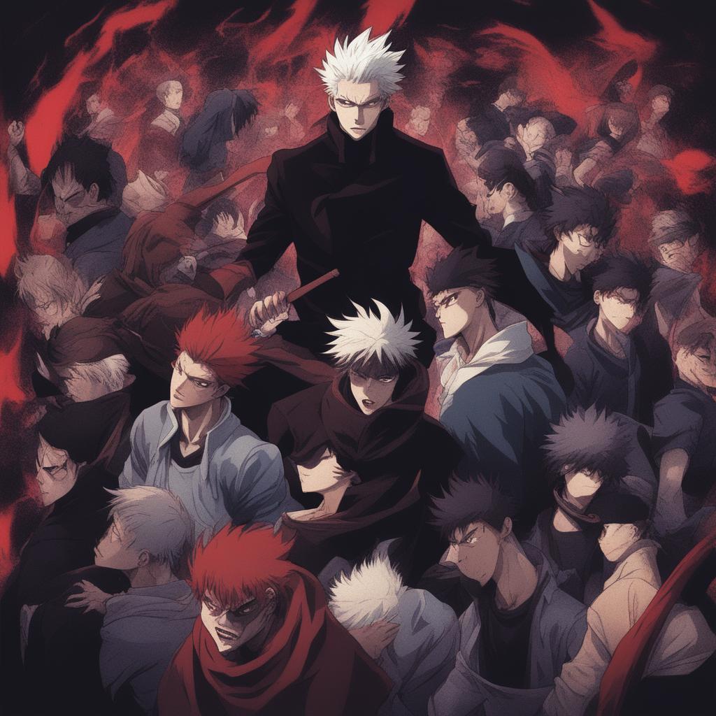 This high-quality digital art image depicts an angry crowd of shadowy demons in the style of the anime series, Jujutsu Kaisen