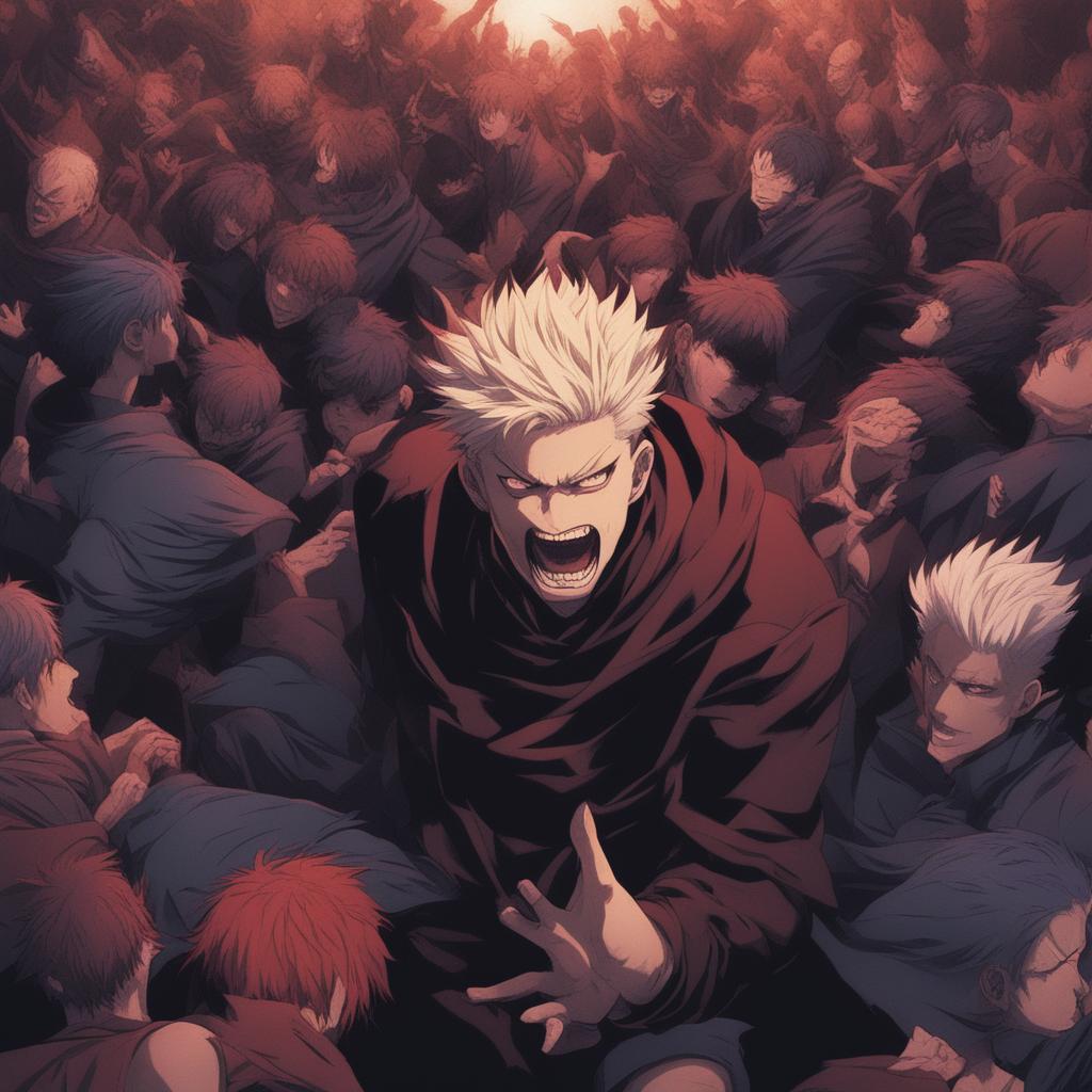 This high-quality digital art image depicts an angry crowd of shadowy demons in the style of the anime series, Jujutsu Kaisen