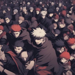 This high-quality digital art image depicts an angry crowd of shadowy demons in the style of the anime series, Jujutsu Kaisen