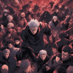 This high-quality digital art image depicts an angry crowd of shadowy demons in the style of the anime series, Jujutsu Kaisen