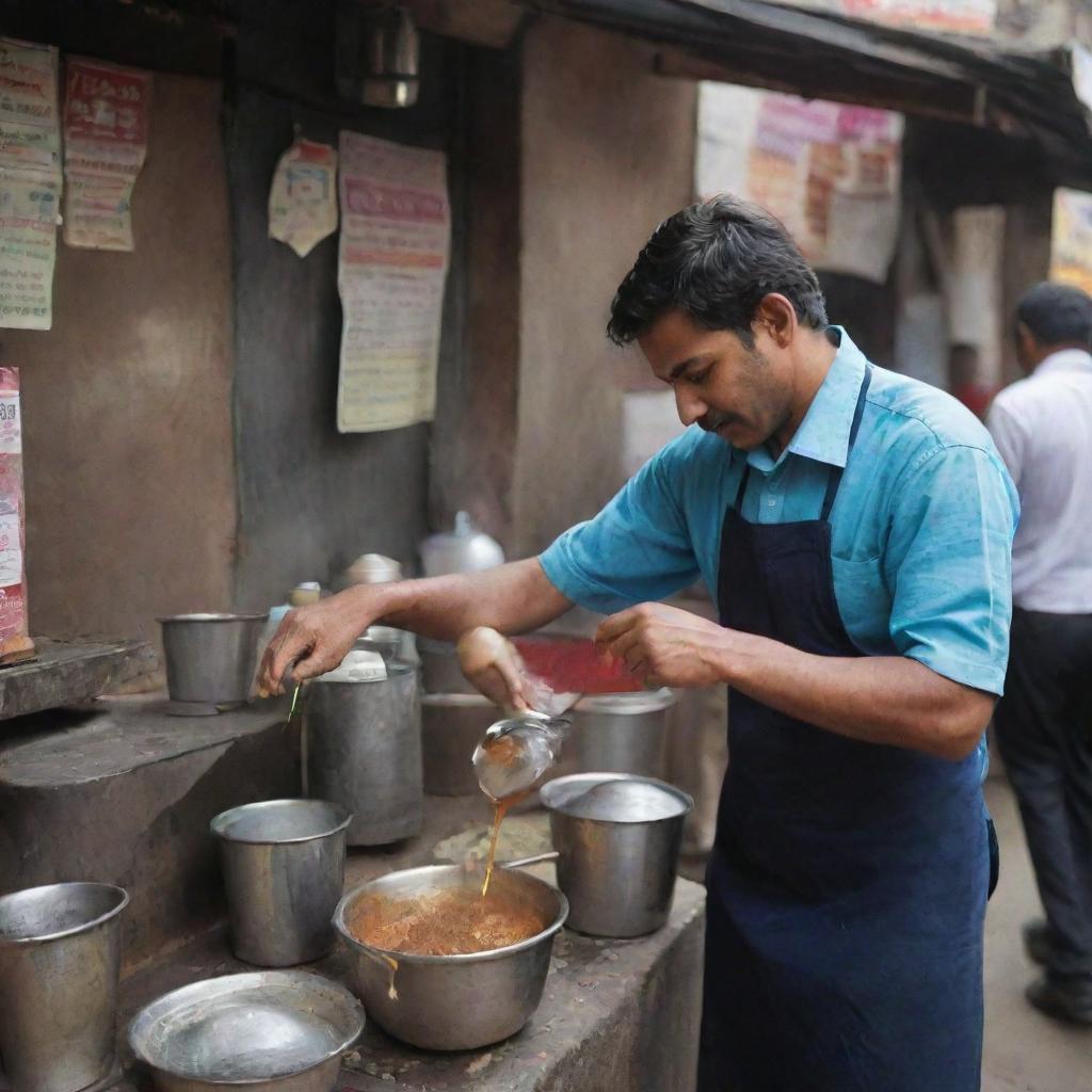 The same scene now features a younger man, vibrant in his late 30s, energetically preparing chai on the city street in his bustling stall.