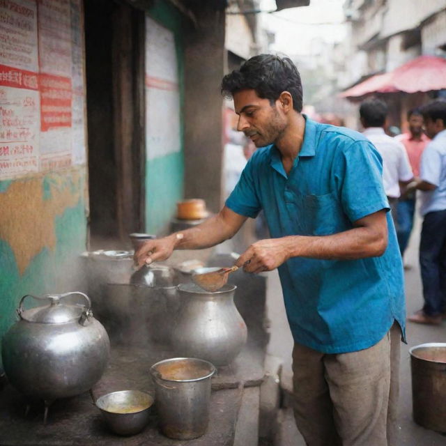 The same scene now features a younger man, vibrant in his late 30s, energetically preparing chai on the city street in his bustling stall.