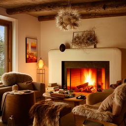 A quintessential cosy home with warm lighting, plush furnishings, a crackling fireplace, and an aura of tranquillity.