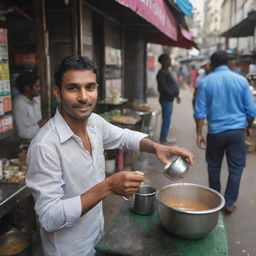 The same scene now features a younger man, vibrant in his late 30s, energetically preparing chai on the city street in his bustling stall.