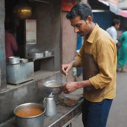 The same scene now features a younger man, vibrant in his late 30s, energetically preparing chai on the city street in his bustling stall.