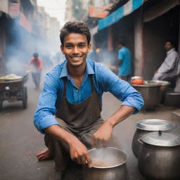 The chai seller, now a young man of 18, with a joyful spirit and energetic enthusiasm, preparing chai on the bustling city street, surrounded by steaming pots.