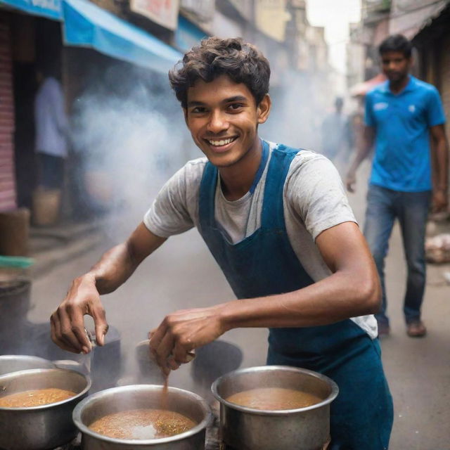 The chai seller, now a young man of 18, with a joyful spirit and energetic enthusiasm, preparing chai on the bustling city street, surrounded by steaming pots.