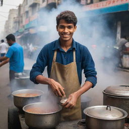 The chai seller, now a young man of 18, with a joyful spirit and energetic enthusiasm, preparing chai on the bustling city street, surrounded by steaming pots.