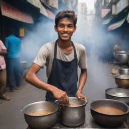 The chai seller, now a young man of 18, with a joyful spirit and energetic enthusiasm, preparing chai on the bustling city street, surrounded by steaming pots.