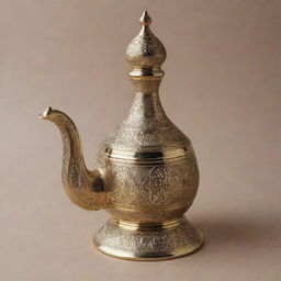 An artistically crafted traditional Middle Eastern dallah in shiny brass, decorated with intricate engraving.