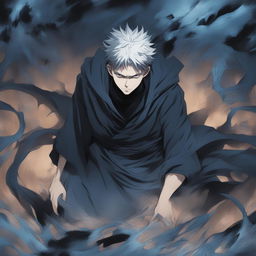 This high-quality digital art image, drawn in the style of the anime series Jujutsu Kaisen, depicts a seemingly bottomless pit shrouded in shadowy, ominous darkness